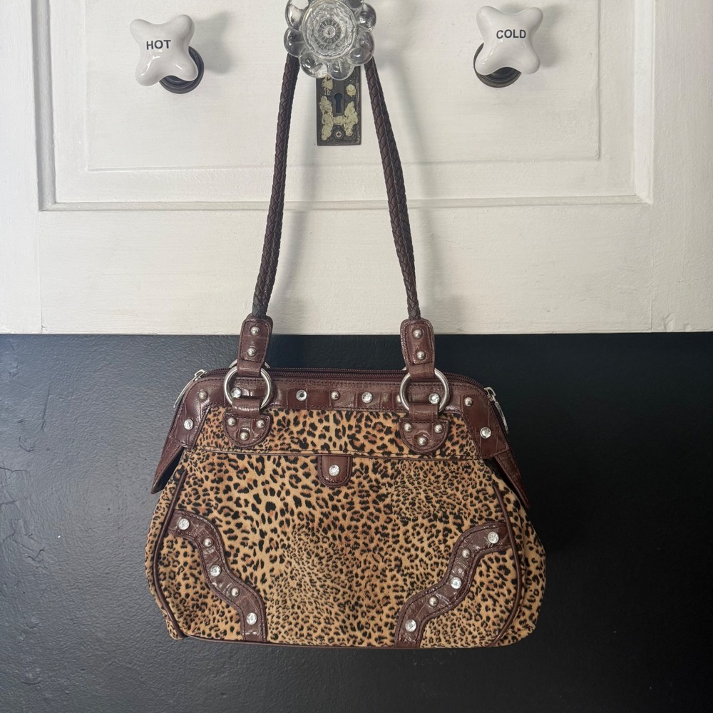 M.C. Handbag Satchel Womens Brown Leopard Print Fair Rhinestone Studded FLW